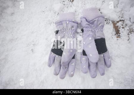 Winterhandschuhe auf Neuschnee in einer verschneiten Landschaft Stockfoto