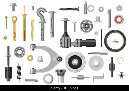 Ersatzteile und Befestigungselemente, Bolzen und Schrauben, Bauarmaturen und Metallbeschläge, realistischer Vektor. Metallbefestigungen, Stahlnieten und Mechanikteile, Zahnräder und Bolzen mit Zahnrädern und Hakenschrauben Stock Vektor