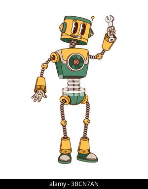 Grooviger Roboter oder Droide und Retro-Cartoon-Roboter-Transformator, Vektorcharakter. Grooviger Roboter mit lustigem Gesicht und Schraubenschlüssel in der Hand, Comic-Retro-Roboter oder mechanischer Droide und Cyber-Hipster-Droide Stock Vektor