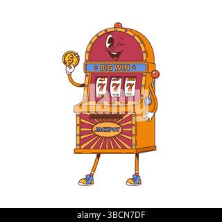 Cartoon Retro groovy Casino Spielautomat Charakter mit Jackpot und lustigem Gesicht, Vektor-Persönlichkeit. Comic-Groovige Poker- oder Casino-Spielautomat-Charakter mit Happy Smile und 777 Jackpot-Gewinn Stock Vektor