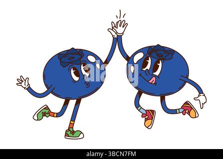 Cartoon-groovige Hippie-Heidelbeere-Frucht-Charaktere, die High-Five geben. Vektor-Retro-Persönlichkeiten tragen Vintage-Sneakers, die funky Vibes zeigen und ein Gefühl von Sommer versprühen Stock Vektor