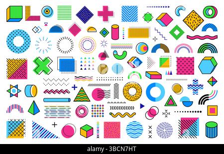 Memphis Formen eine Reihe geometrischer abstrakter Figuren und isometrischer einfacher Elemente, Vektorsymbole. Moderne oder Retro-Memphis geometrische Formen und Farbelemente für Musterhintergründe oder Grafikdesign Stock Vektor