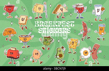 Retro-Grooviges Frühstück, Speisen und Getränke, Zeichentrickfiguren, Aufkleber-Pack. Vektor Hippie psychedelische Toast, Kaffee, Ei und Speck, Croissant und Müsli. Grooviges Käsesandwich, Wurst und Tee Stock Vektor