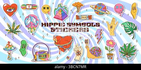 Retro-Hippie-Groovy-Sticker-Pack mit psychedelischen Regenbogensymbolen. Zeichentrickfilm funky Smile Emojis, Pilze und tropfende Friedenszeichen, Herz und Hände mit Augen. Groovige Hippie-Blume, Planeten-Aufkleber Stock Vektor
