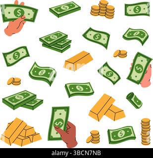 Geldmenge. Fliegende Bargeld, Banknoten, Geldstapel, Dollarscheine, Goldbarren. Geldinvestition und Geschäftskonzept. Bargeldpapierwährung. Stock Vektor