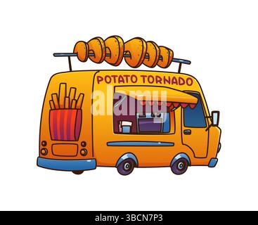 Kartoffeltornado Food Truck Auto, Festival Street Food Truck Van. Gelbes Cartoon-Retro-Café mit Rädern und einem riesigen Spiral-Pommes-Spieß oben. Der Vector Fahrzeugstand verfügt über einen offenen Kochbereich und eine Markise Stock Vektor