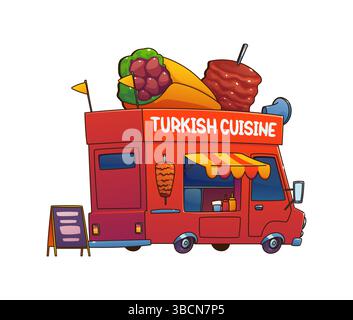 Türkischer Food Truck Car, Cartoon Festival Street Foodtruck Van mit einem großen Döner, Wrap und Spießen oben. Vector International Cuisine-Anbieter mobil mit einem Take-away-Fenster, Menütafel und Markise Stock Vektor