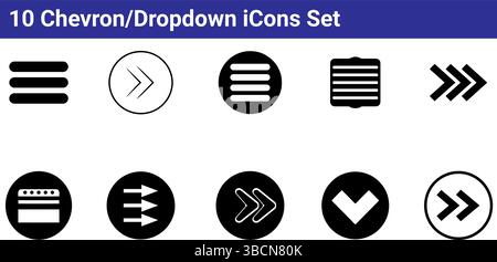 10 Chevron- und Dropdown-Symbole – Elemente der Navigation und Menü-UI Stock Vektor