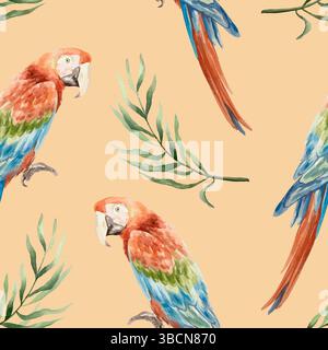 Palmenzweige und Aras nahtloses Muster, Aquarell. Handgezeichnete Vektorgrafik. Für tropische Banner, Stoff, Geschenkpapier, Tapeten, Umschläge Stock Vektor
