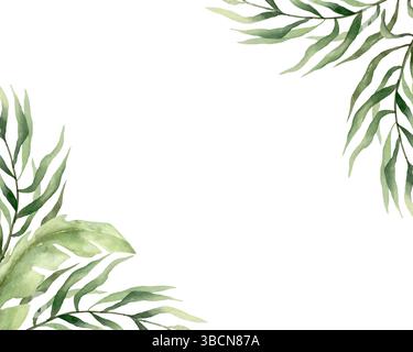 Tropischer Rahmen mit grünen Palmblättern in den Ecken, Aquarell. Handgezeichnete Vektorgrafik. Für Grußkarten, Einladungen, große Sommer-Banner, Stock Vektor