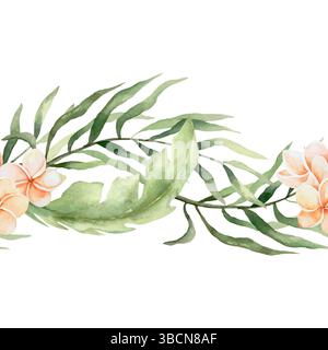 Palmenzweige und Plumeria-Blumen nahtloser Rand, Aquarell. Handgezeichnete Vektorgrafik. Für tropische Banner, Stoff, Geschenkpapier, Tapeten Stock Vektor