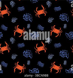 Nahtloses Marinemuster mit Krabben, Muscheln und Wellen auf weißem Hintergrund. Grobe Kreideskizze handgezeichnete Vektorillustration. Für Textilien, Web Stock Vektor