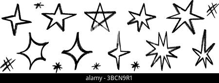 Schwarzer Buntstift handgezeichneter Stern Set. Kollektion mit kindlichem Doodled Funken und Glitzern. Schminkelemente für Collage, Poster, Aufkleber. Kind skizzierte Wachsstift-Symbole. Vektor Stock Vektor