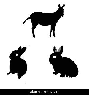 Schwarzes Tier Silhouette Vektor-Set | Pferd und Kaninchen Icons für Bauernhof Design, Cricut, Aufkleber, Logos, Haustier Zeichen, Wildlife Art | EPS Grafikpaket Stock Vektor