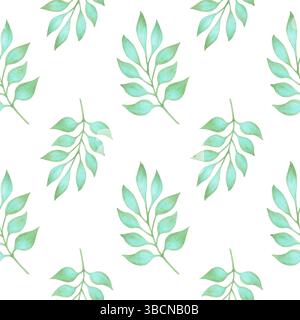Nahtloses Muster mit anmutigen türkisfarbenen Blättern. Aquarellabbildung. Handgezeichneter botanischer Hintergrund. Natürliche Pflanze, einfache Zweige für Textilien Stockfoto