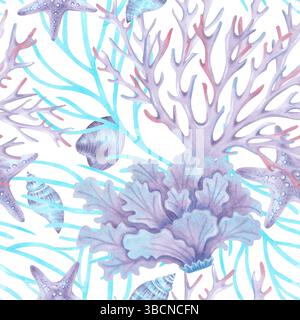 Nahtloses Meeresmuster aus Korallen, Muscheln, Seesternen und Algen. Aquarellillustration von Unterwassertieren. Handgezeichnete isolierte Kunst. Hintergrund für Stockfoto