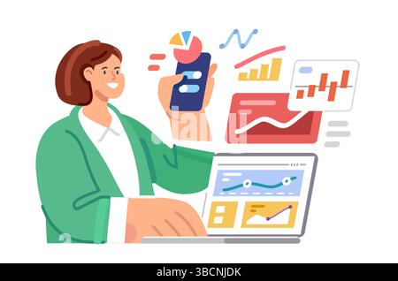 Daten werden analysiert. Online-Analysen und Statistiken. Finanzielle Entwicklung und Verwaltung. Investitionen Stock Vektor