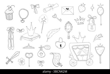 Prinzessin Set süße handgezeichnete Skizze. Magischer Feenspiegel, Wettbewerb, Krone, märchenhafte Fantasie. Königliches Accessoire. Buchstabe und Taste. Vektorabbildung Stock Vektor