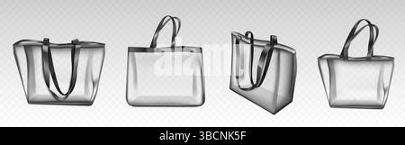 Transparentes Tragetaschen-Set – transparente Einkaufstaschen aus Kunststoff mit schwarzen Griffen, leere Taschen. Realistische 3D-Modelle von durchsichtigen Geldbörsen, umweltfreundliche Verpackung. Vektor Mode Accessoire Illustration Stock Vektor