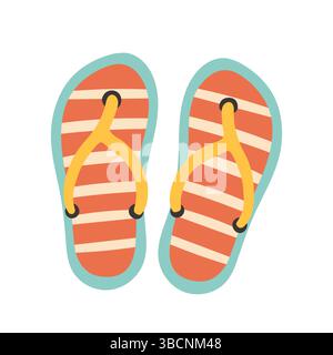 Flip-Flops, Sommer-Hausschuhe in Rot, Gelb und Blau, gestreift. Ansicht oben, Draufsicht. Isolierte Vektorillustration mit flachem Design auf weißem Hintergrund Stock Vektor
