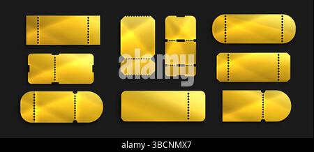 Goldene Luxus-Coupon-Vorlagen mit gepunktetem Rand – glänzend leere goldene Tickets für vip-Pässe, Prämienkarten, Geschenkgutscheine oder elegante Etiketten für Premium-Aktionen, Sonderangebote, Sonderangebote. Stock Vektor
