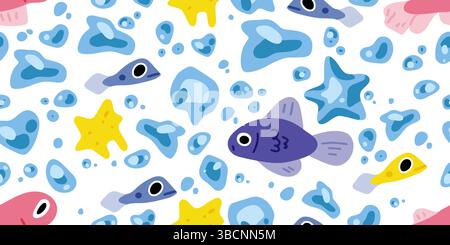 Verspieltes nahtloses Muster mit Zeichentrickfischen, Blasen und Sternformen in hellen Farben auf weißem Hintergrund. Stock Vektor