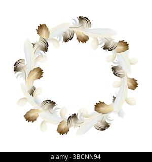 Aquarell weiß braune Federn Aquarell Kranz isolierte Illustration. Huhn unten, runder Rahmen im Boho-Stil. Farm Vogel Clipart für Dorf und Stockfoto
