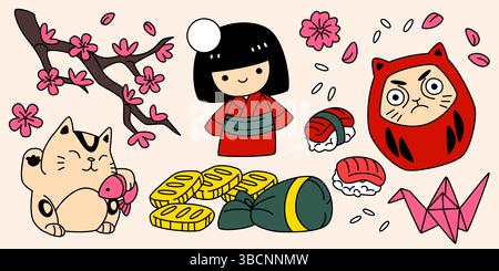 Japanische Glücksbringer - süße kokeshi-Puppe, lächelnde Daruma, Glückskatze, Sakura-Blumenzweig, Origami-Kran, goldene Barren im Beutel und Sushi-Essen. Entzückende Zeichentricksymbole mit traditionellen Glückssymbolen. Stock Vektor