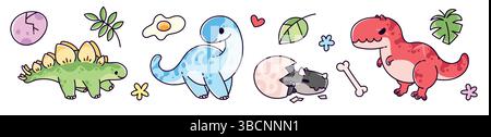 Niedliche Dinosaurier-Charaktere – entzückende Baby-Dino-Cartoons. Lustige Brontosaurus, tyrannosaurus rex, triceratops und Stegosaurus. Kawaii jurassic-Tier, kindliches prähistorisches Maskottchen, Design-Element für Kinder Stock Vektor