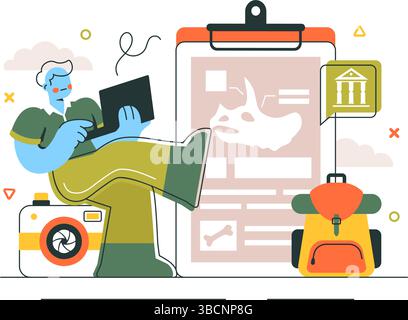 Archäologie Vektor-Illustration mit einer archäologischen Ausgrabung von antiken Ruinen, historischen Artefakten und Dinosaurierfossilien im Hintergrund Stock Vektor