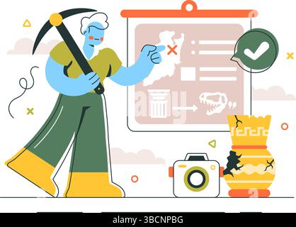 Archäologie Vektor-Illustration mit einer archäologischen Ausgrabung von antiken Ruinen, historischen Artefakten und Dinosaurierfossilien im Hintergrund Stock Vektor