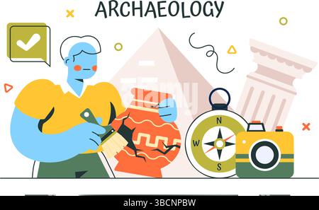 Archäologie Vektor-Illustration mit einer archäologischen Ausgrabung von antiken Ruinen, historischen Artefakten und Dinosaurierfossilien im Hintergrund Stock Vektor