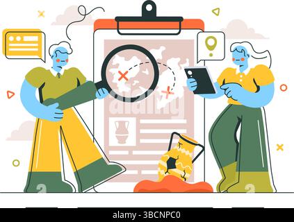 Archäologie Vektor-Illustration mit einer archäologischen Ausgrabung von antiken Ruinen, historischen Artefakten und Dinosaurierfossilien im Hintergrund Stock Vektor