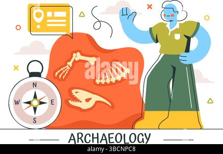 Archäologie Vektor-Illustration mit einer archäologischen Ausgrabung von antiken Ruinen, historischen Artefakten und Dinosaurierfossilien im Hintergrund Stock Vektor