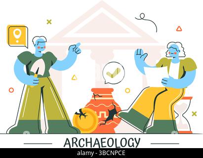 Archäologie Vektor-Illustration mit einer archäologischen Ausgrabung von antiken Ruinen, historischen Artefakten und Dinosaurierfossilien im Hintergrund Stock Vektor