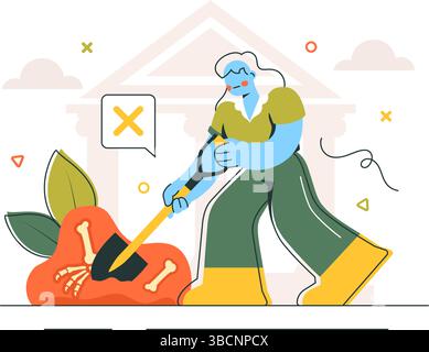 Archäologie Vektor-Illustration mit einer archäologischen Ausgrabung von antiken Ruinen, historischen Artefakten und Dinosaurierfossilien im Hintergrund Stock Vektor