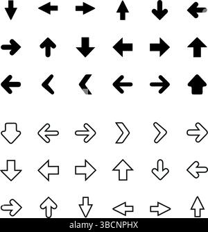 Pfeile Symbole gesetzt, moderne, einfache flache schwarze Vektorzeiger-Zeichen. Pfeilsymbolgruppe für Schaltflächen für Vorwärts-Klick, Pfeilnavigation im Webdesign und Elemente Stock Vektor