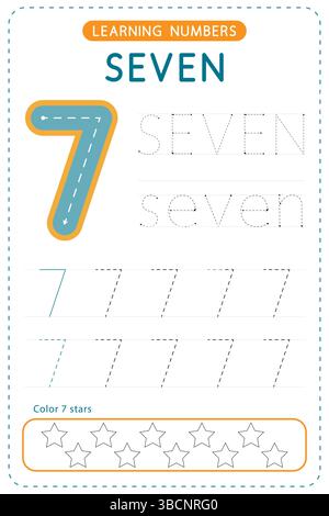 Nummer sieben. Arbeitsblätter für Vorschulkinder. Schreibübungen für Kinder. Vektordesign. Stock Vektor