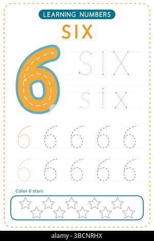 Nummer sechs: Tracing. Arbeitsblätter für Vorschulkinder. Schreibübungen für Kinder. Vektordesign. Stock Vektor