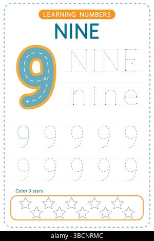 Nummer neun: Tracing. Arbeitsblätter für Vorschulkinder. Schreibübungen für Kinder. Vektordesign. Stock Vektor