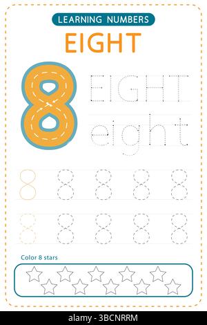 Nachverfolgung Nummer acht. Arbeitsblätter für Vorschulkinder. Schreibübungen für Kinder. Vektordesign. Stock Vektor