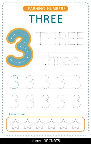 Nummer drei: Tracing. Arbeitsblätter für Vorschulkinder. Schreibübungen für Kinder. Vektordesign. Stock Vektor