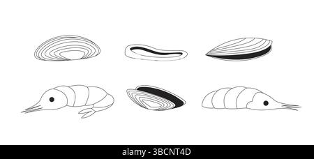 Set mit 2D-Linienobjekten für verschiedene Muscheln und Garnelen Stock Vektor
