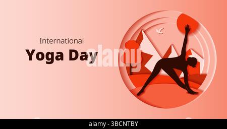 Internationaler Yoga-Tag. Horizontale Vorlage. Trikonasana-Pose. Dreiecksposition. Papierschnitt. Isolierte Vektordarstellung. Stock Vektor