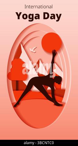 Internationaler Yoga-Tag. Vertikale Vorlage. Trikonasana-Pose. Dreiecksposition. Papierschnitt. Isolierte Vektordarstellung Stock Vektor