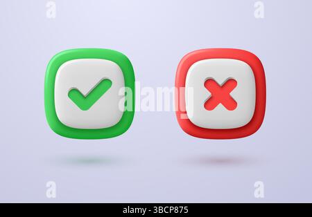 Grünes Häkchen der Zulassung und rotes Verbotskreuz auf hellem Hintergrund. Vektor-3D-Illustration. Stock Vektor
