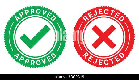 Genehmigte und abgelehnte rote Tinte Gummistempelzeichen Symbol Siegelabzeichen, genehmigter und abgelehnter Stempel, genehmigter und abgelehnter Siegelabdruck Stock Vektor