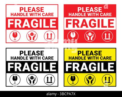 Symbole für zerbrechliche Verpackungen, Griff mit Pflegelogistik und Versandetiketten. Zerbrechliche Kiste, Frachtwarnvektorschilder. Stock Vektor