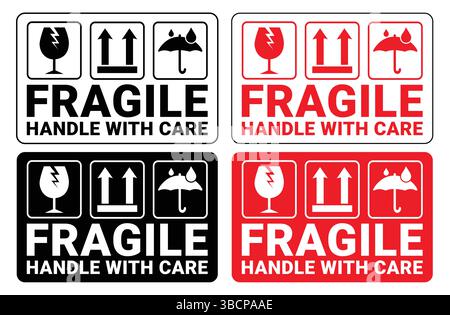 Symbole für zerbrechliche Verpackungen, Griff mit Pflegelogistik und Versandetiketten. Zerbrechliche Kiste, Frachtwarnvektorschilder Stock Vektor