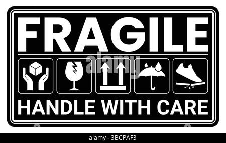 Symbole für zerbrechliche Verpackungen, Griff mit Pflegelogistik und Versandetiketten. Zerbrechliche Kiste, Frachtwarnvektorschilder Stock Vektor